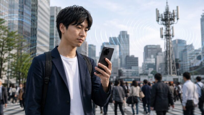 POCO F8 Proの通信品質やパケ詰まりを都市部で確認する日本人ユーザーのイメージ画像