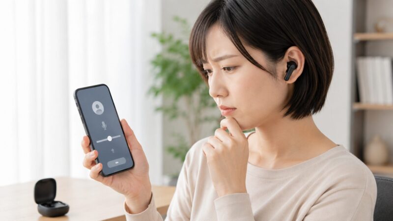 ワイヤレスイヤホンの通話トラブルをスマートフォンで確認する日本人女性