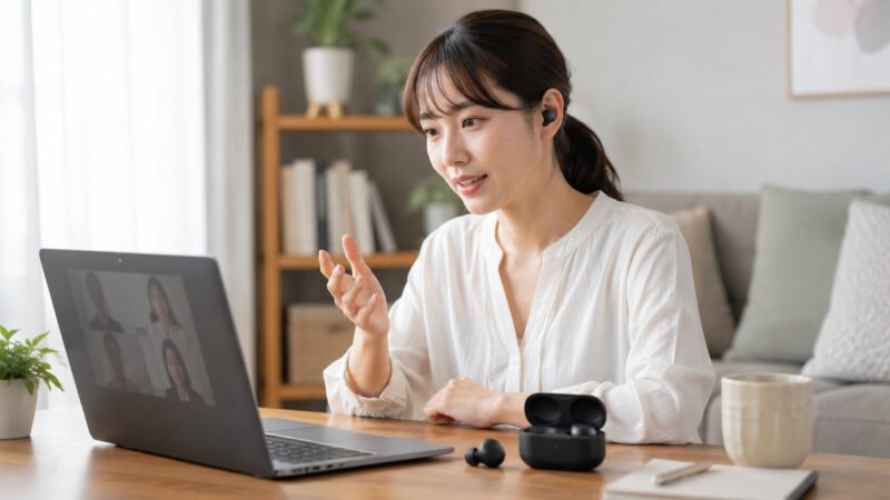 WF-1000XM5でオンライン会議の通話品質を確認する日本人女性