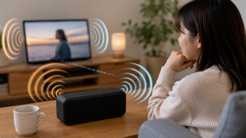 Bluetoothスピーカーで動画視聴時の音声遅延を確認する日本人女性