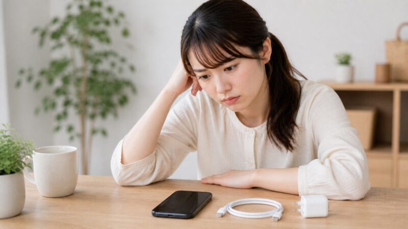 iPhone17の電源が入らず黒い画面を確認する日本人女性