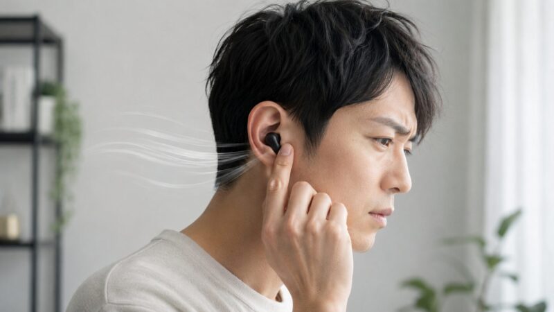 WF-1000XM5の音がこもる原因を装着状態から確認する日本人男性