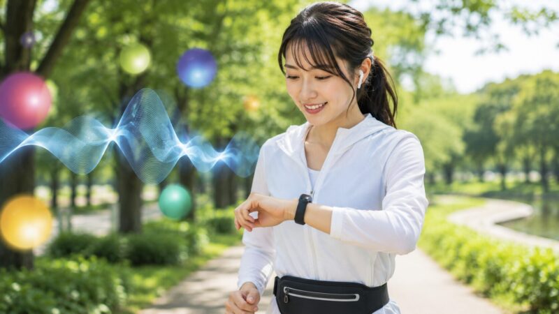 イヤホンで音楽を聴きながらFitbit Inspire 3を使うランナー