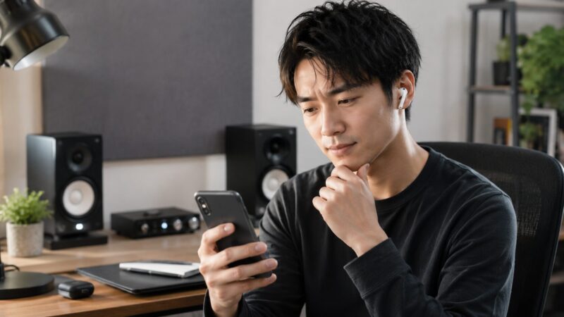 　ワイヤレスイヤホンの音質をスマートフォンで確認する日本人男性