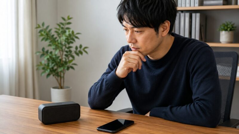 小型Bluetoothスピーカーの音質や接続安定性を確認する日本人男性