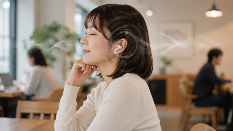 ワイヤレスイヤホンの音質と音漏れを意識しながら音楽を聴く日本人女性のイメージ