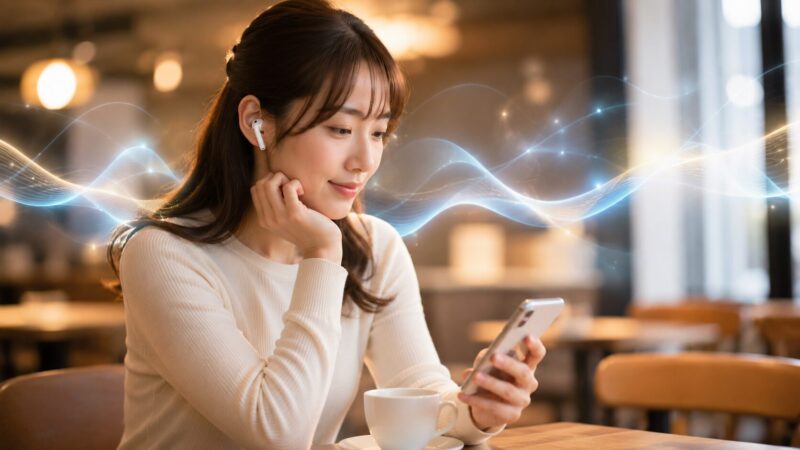 カフェでワイヤレスイヤホンの音質を楽しむ日本人女性