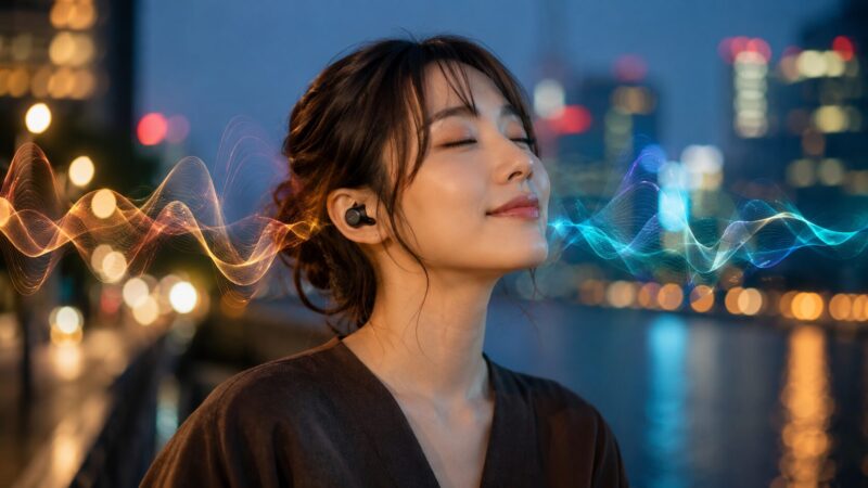 ワイヤレスイヤホンで低音と高音のバランスを楽しむ日本人女性