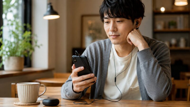 Xperia Ace IIIで有線イヤホンを使って音楽を聴く日本人男性