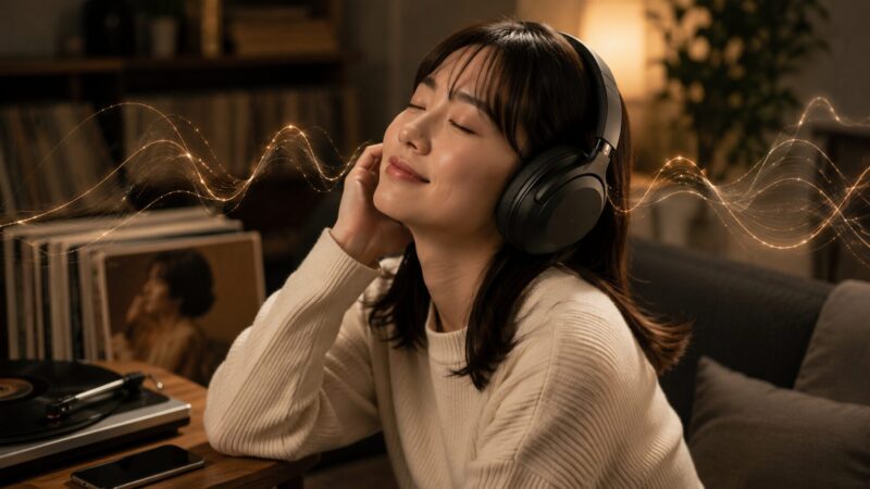 高音質なワイヤレスヘッドホンで音楽を楽しむ日本人女性