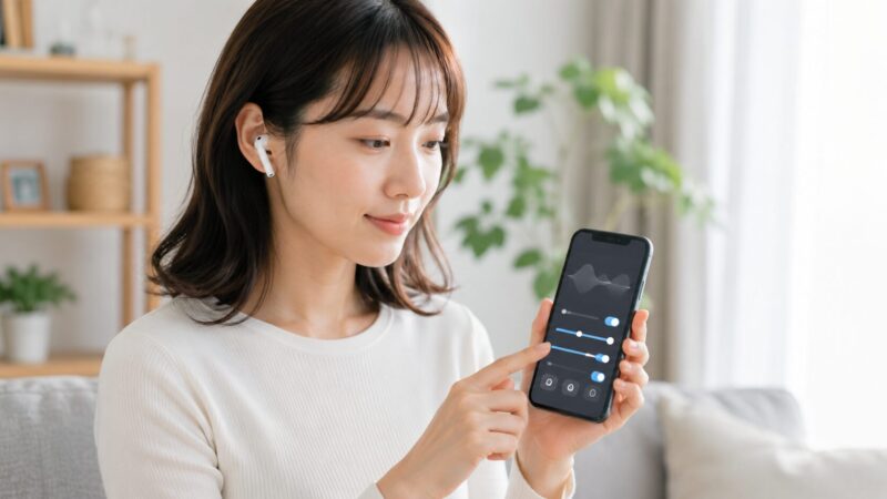 ワイヤレスイヤホンの音質設定をスマートフォンで調整する日本人女性