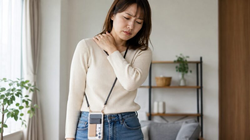 細いスマホショルダーで肩への負担を感じる日本人女性