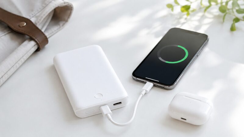 10000mAhクラスのモバイルバッテリーでスマホとイヤホンを充電するイメージ
