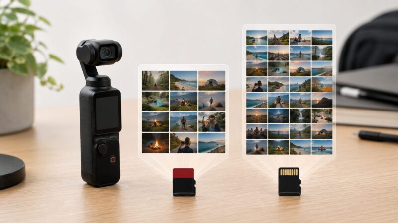 Osmo Pocket 3と容量の違うmicroSDカードを比較するイメージ