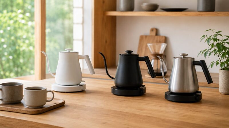 ブラック・ホワイト・シルバーの3色展開の電気ケトルを並べたイメージ