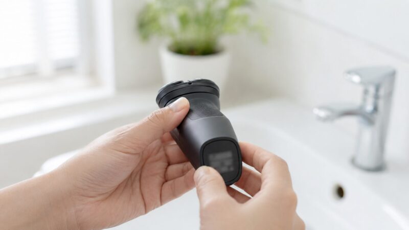 回転式シェーバー本体の背面で型番を確認する手元