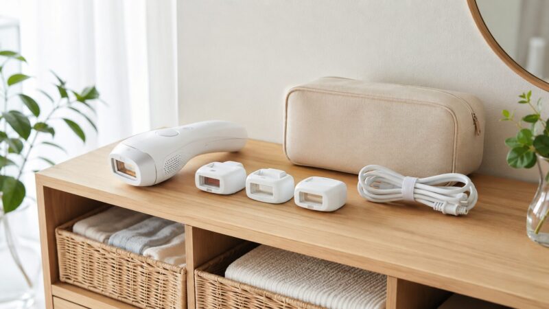 家庭用脱毛器を長く使うために本体とカートリッジを保管する様子