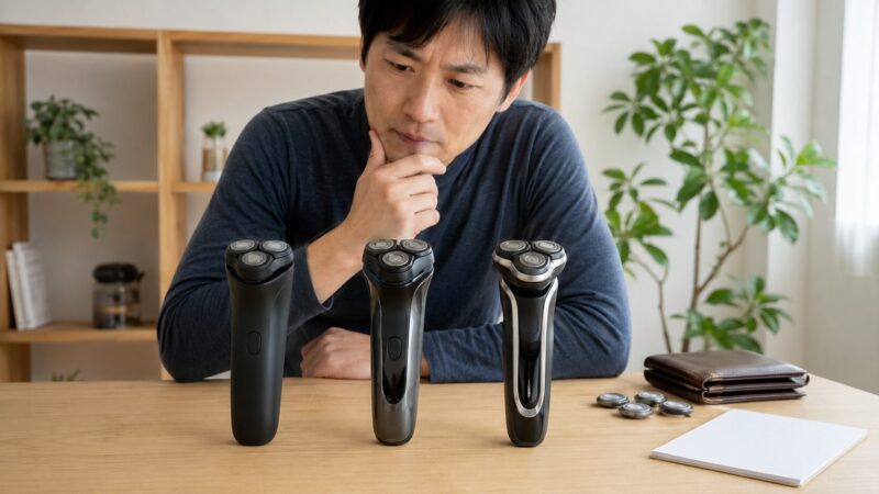 価格と剃り味を基準に複数の回転式シェーバーを比較する日本人男性