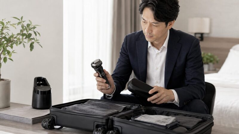 9577ccの充電トラベルケースと洗浄器を出張前に確認する日本人男性