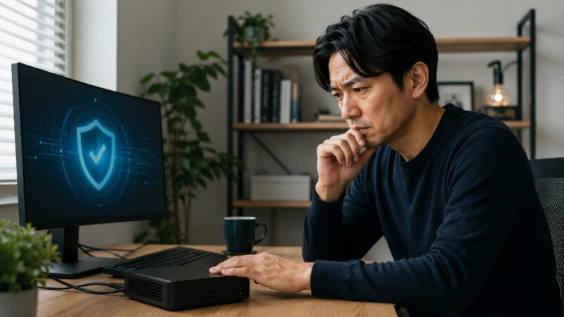 ミニPCのセキュリティ確認を行う日本人男性