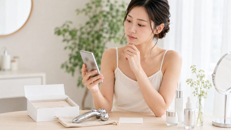 通販で美容ローラーを購入前に販売元や保証を確認する女性