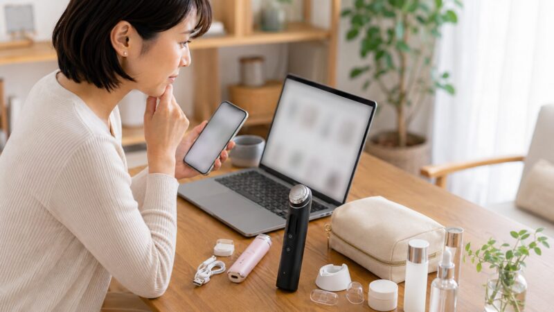 Amazonで美顔器の候補や付属品を確認しながら選ぶ日本人女性