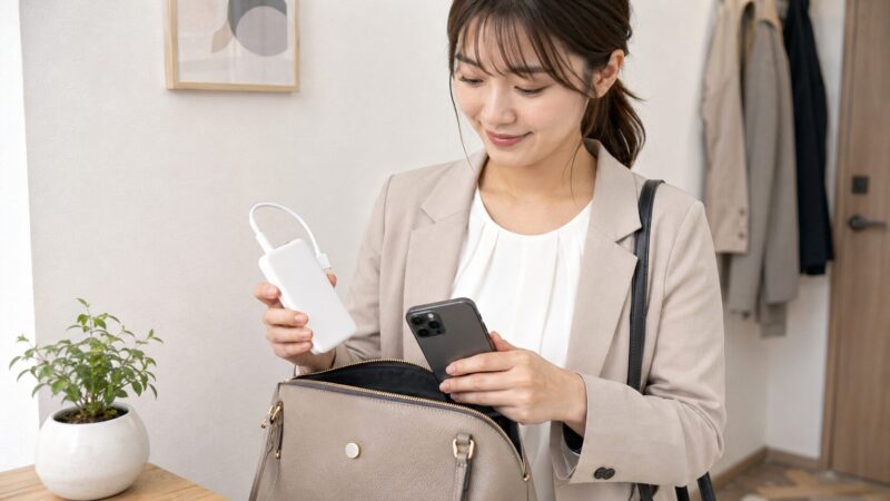 巻き取りケーブル付きモバイルバッテリーを外出前に準備する様子