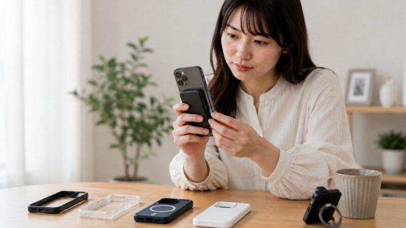 マグネット式モバイルバッテリーの持ちやすさとケース相性を確認する様子