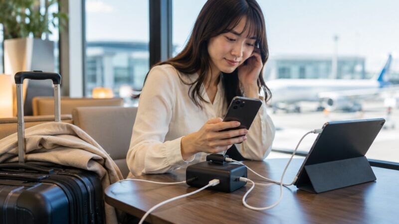 旅行中にコンセント一体型モバイルバッテリーで複数機器を充電する女性