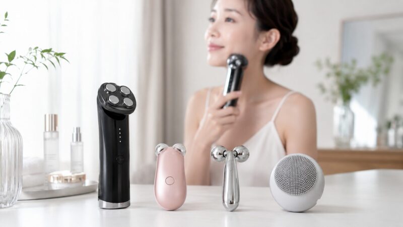 EMSや毛穴ケアに使う多機能美顔器とミニ系美顔器の違いを表すイメージ