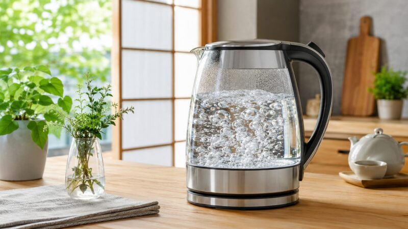 中が見えるガラス電気ケトルで沸騰状態や水垢を確認しやすい画像