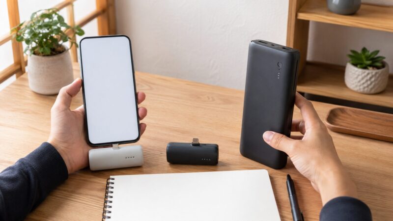 用途別に小型モバイルバッテリーと大容量タイプを比較する様子