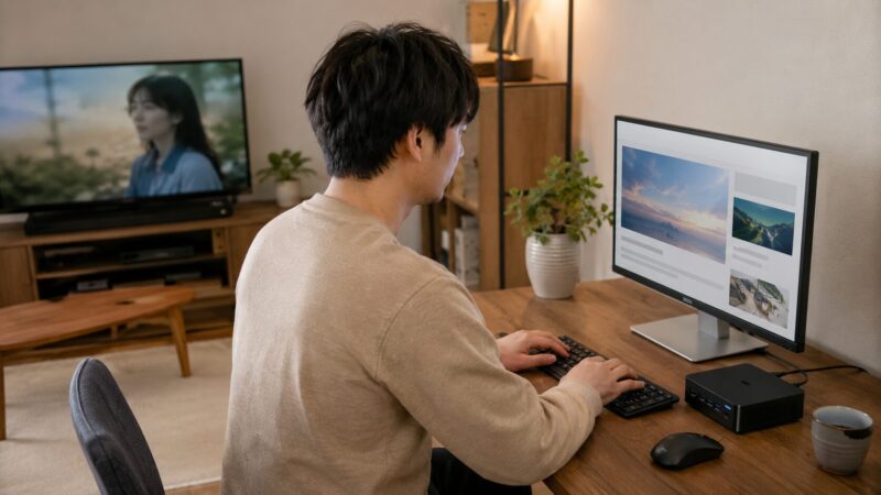 リビングで動画視聴と軽作業にミニPCを使う日本人男性