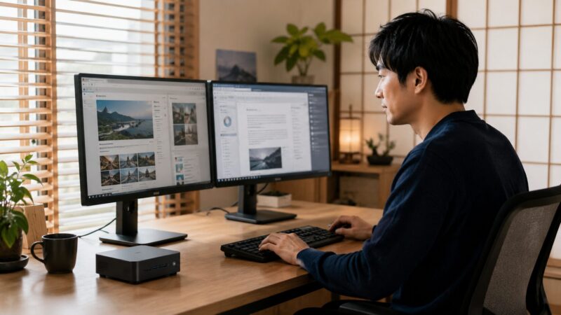 デュアルモニターで軽作業をする日本人男性とミニPC