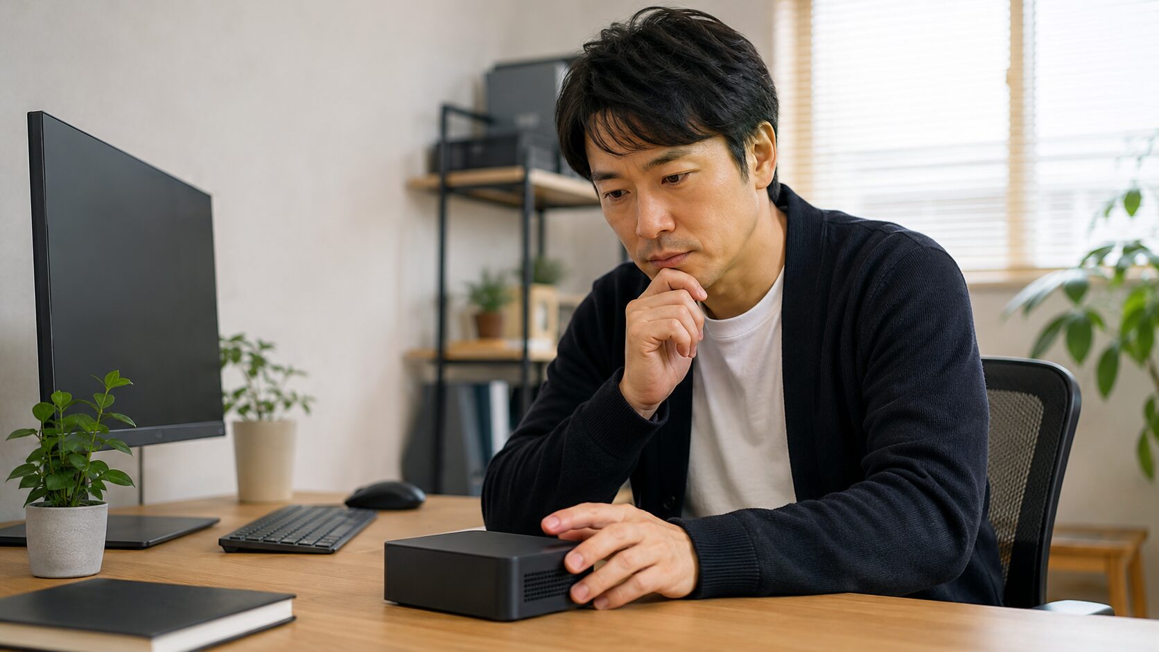 NiPoGiのミニPCを前に購入判断で悩む日本人男性