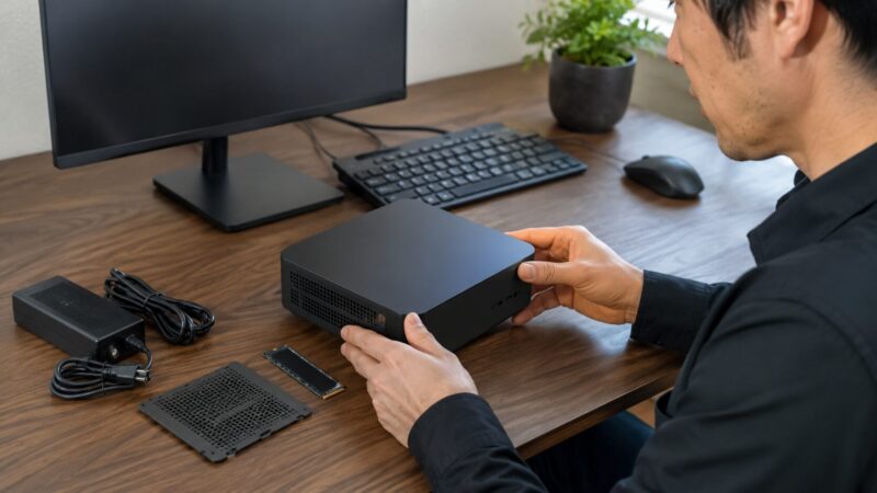 ミニPC本体と電源アダプターを確認する日本人男性