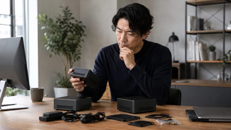 複数のミニPCと周辺機器を比較して選ぶ日本人男性