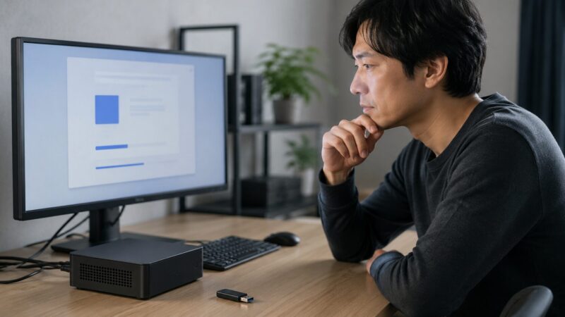 ミニPCのOSセットアップ画面を慎重に確認する日本人男性