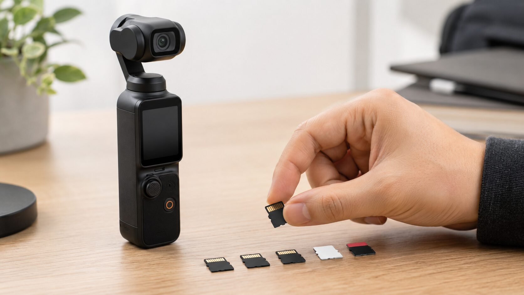 Osmo Pocket 3と複数のmicroSDカードを比較しながら選ぶ様子