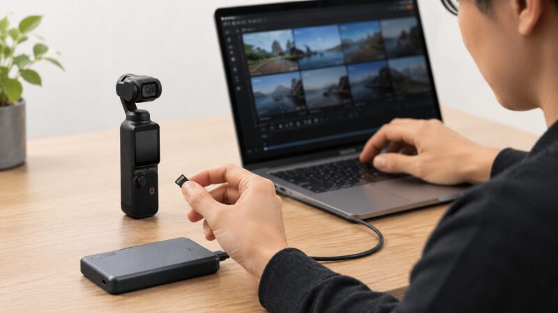 Osmo Pocket 3の撮影データをパソコンと外部ストレージへバックアップする様子