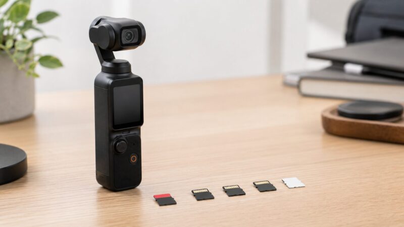 Osmo Pocket 3本体と複数のmicroSDカードを並べて選ぶデスク上の様子