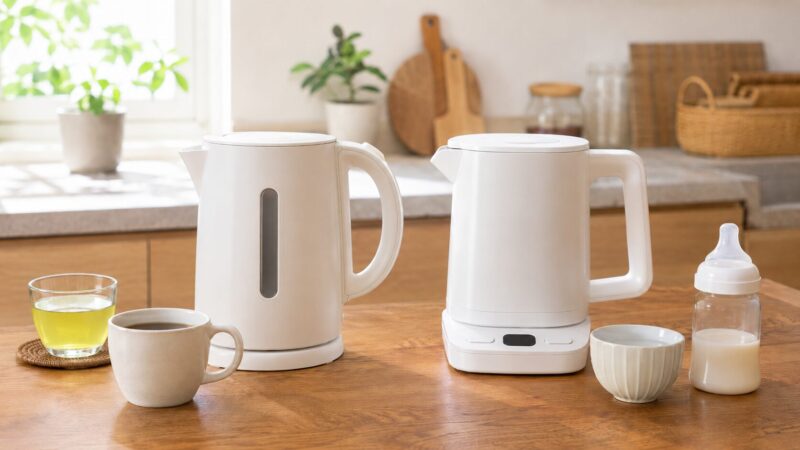 水量確認しやすいモデルと温度調節モデルの蒸気レス電気ケトル比較