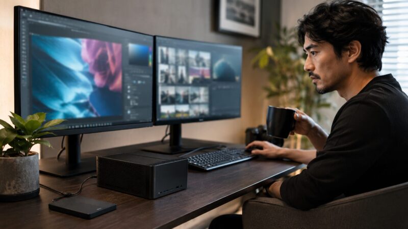 Ryzen 7搭載ミニPCで性能重視の作業をする日本人男性