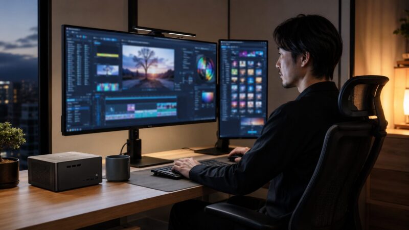 高性能ミニPCで画像編集や複数作業をする日本人男性