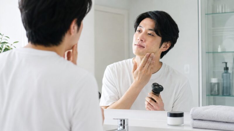 肌荒れを気にしながら低刺激な回転式シェーバーを使う日本人男性