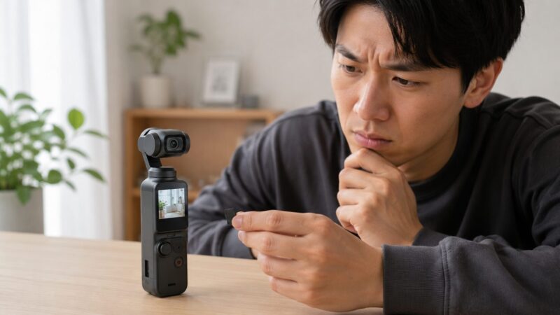 Osmo Pocket 3とmicroSDカードを見ながら困っている日本人男性