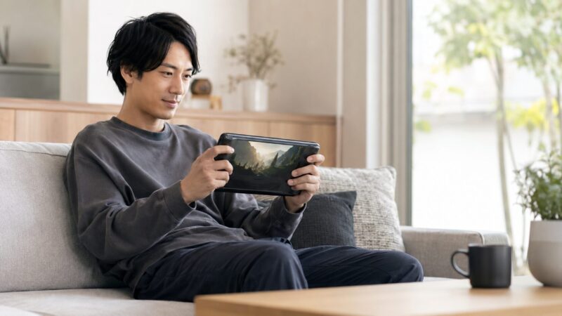 Steam DeckでPCゲームをソファで楽しむ日本人男性