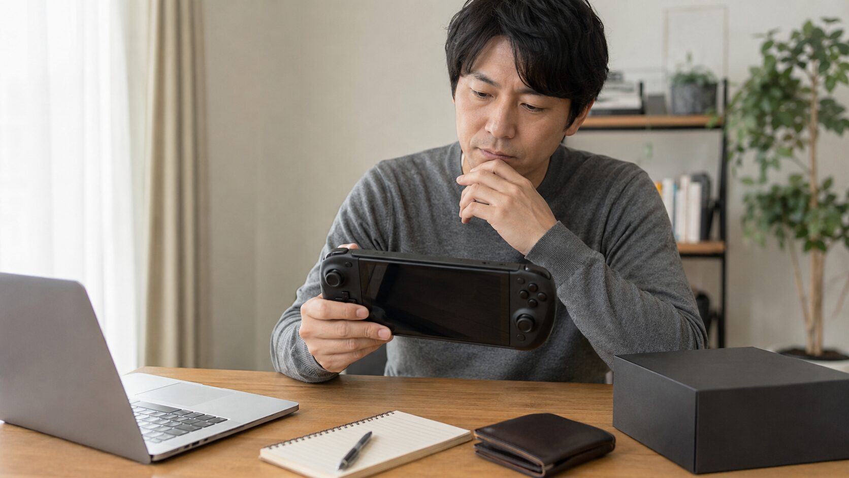 Steam Deckの購入判断で価格や保証を確認する日本人男性