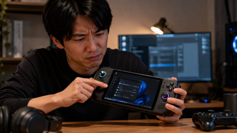 Windows搭載携帯型ゲーミングPCの操作上の難点を表すイメージ