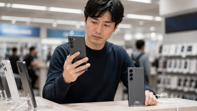 GalaxyからXperiaへ替える前にサイズや操作感を確認する様子